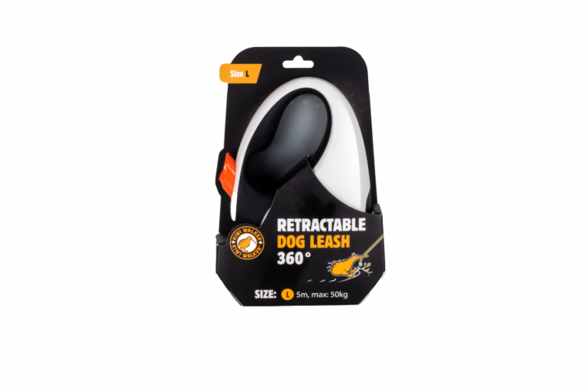 Samonavíjecí vodítko - L - MAX 50kg, 5m - Černobíla + Oranžové detaily